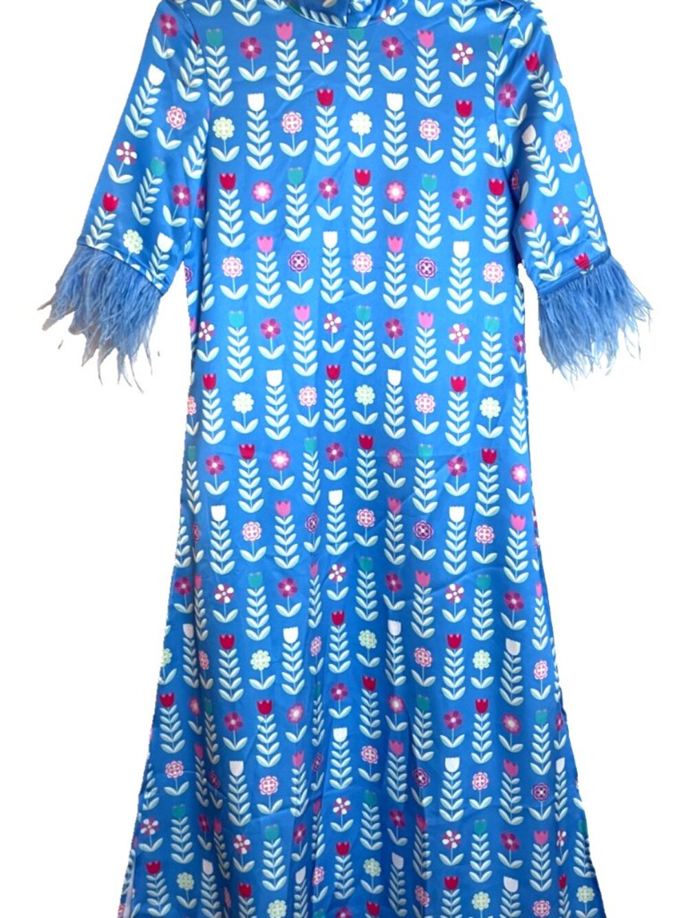 Heart of Grace Satin Feather Caftan Dress Blue Satin Print Women Size X-Small